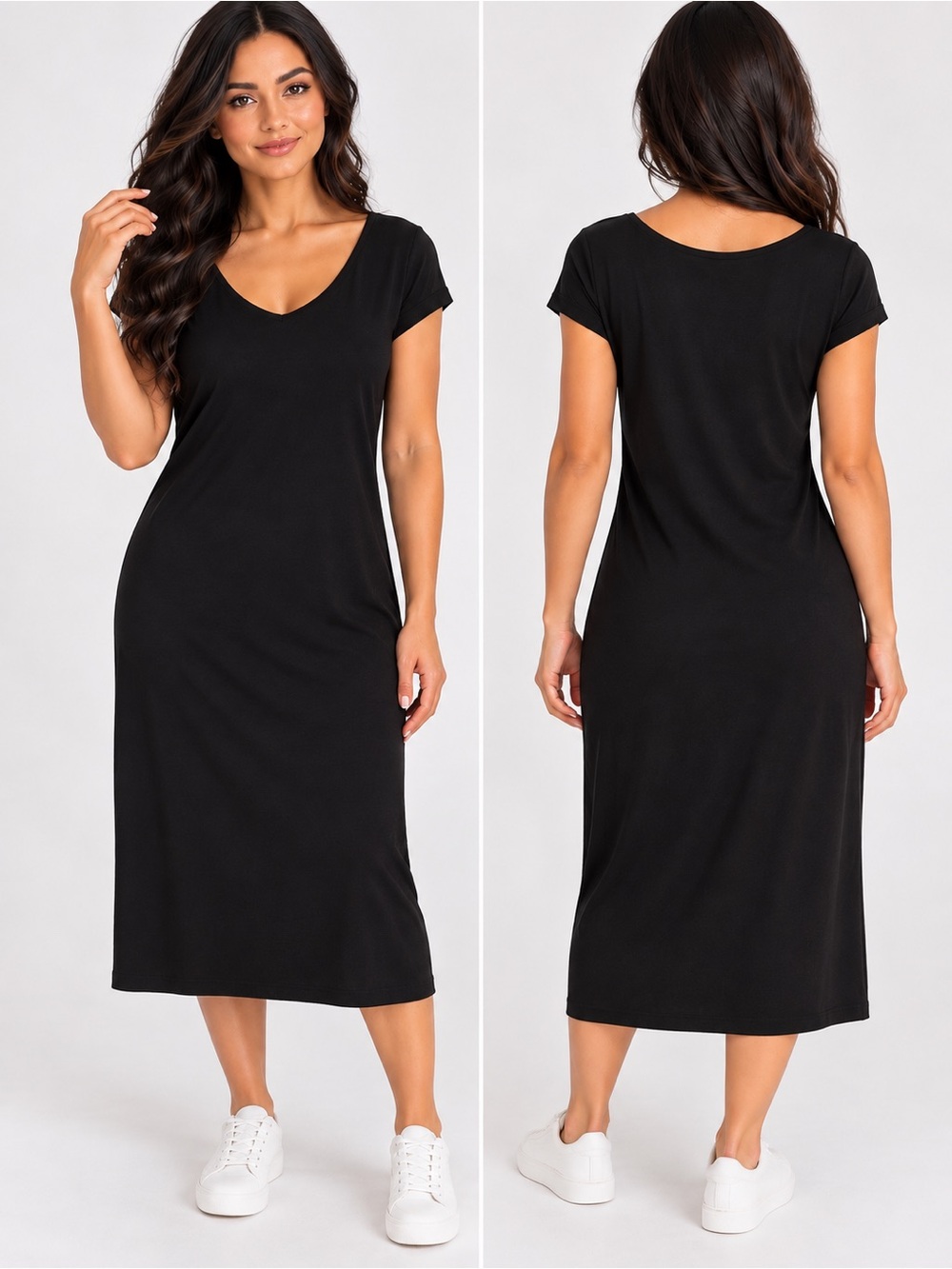Eileen Fisher Black High-Low Classic Casual V-Neck Short Sleeve T-Shirt Dress